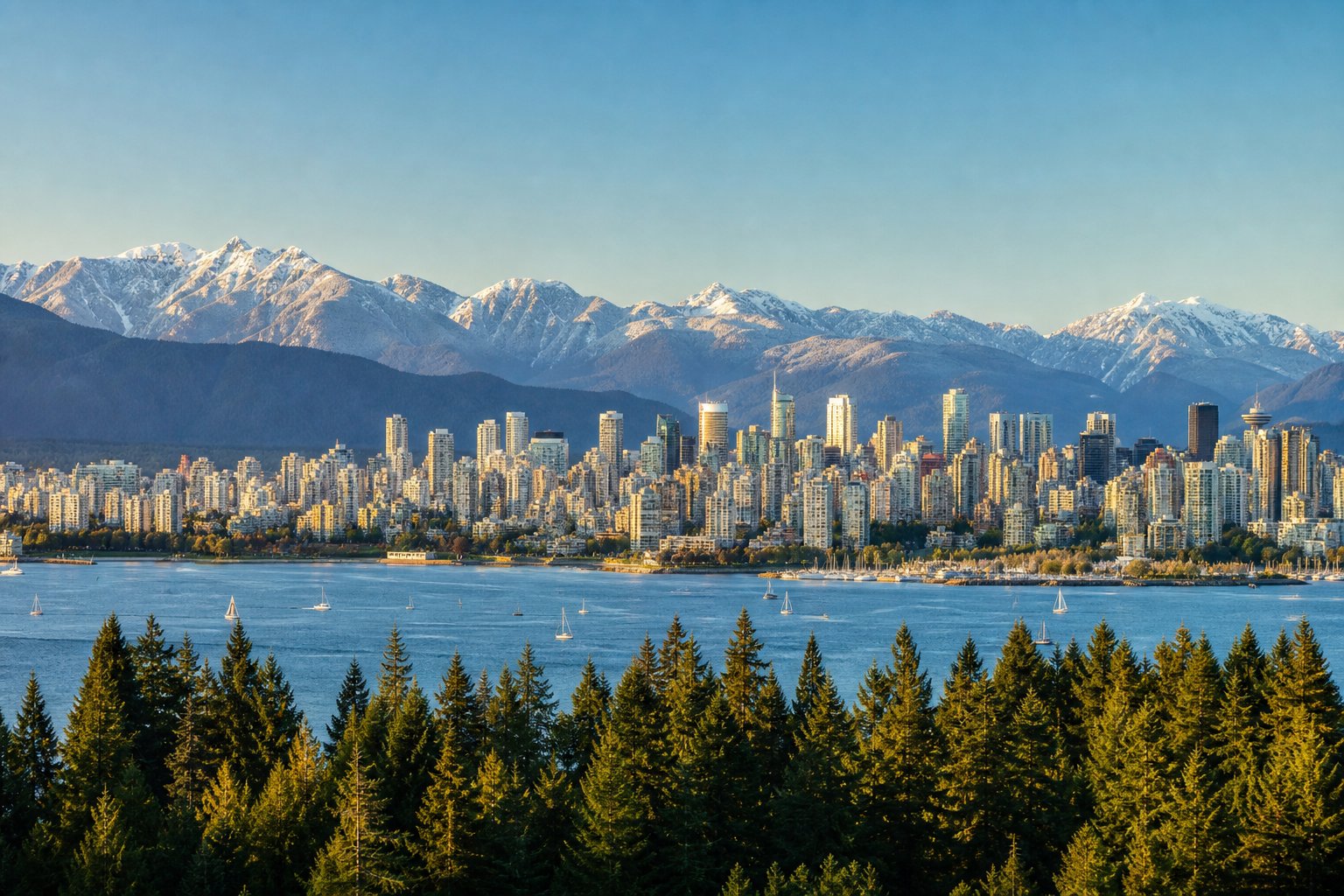 British Columbia coastal landscape with mountains and marine harbor
