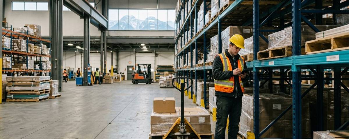 British Columbia warehouse worker noting a concern on a phone beside pallet racking