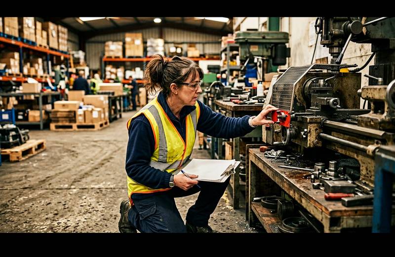 Supervisor physically verifying a machine guard at the workbench